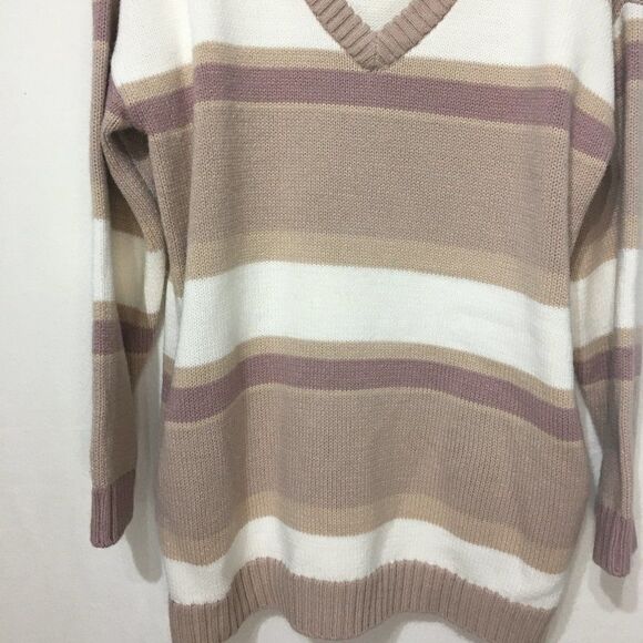 Tobi Beige/Tan Striped Knit V-Neck Sweater Dress With Pockets Sz S - Picture 8 of 16